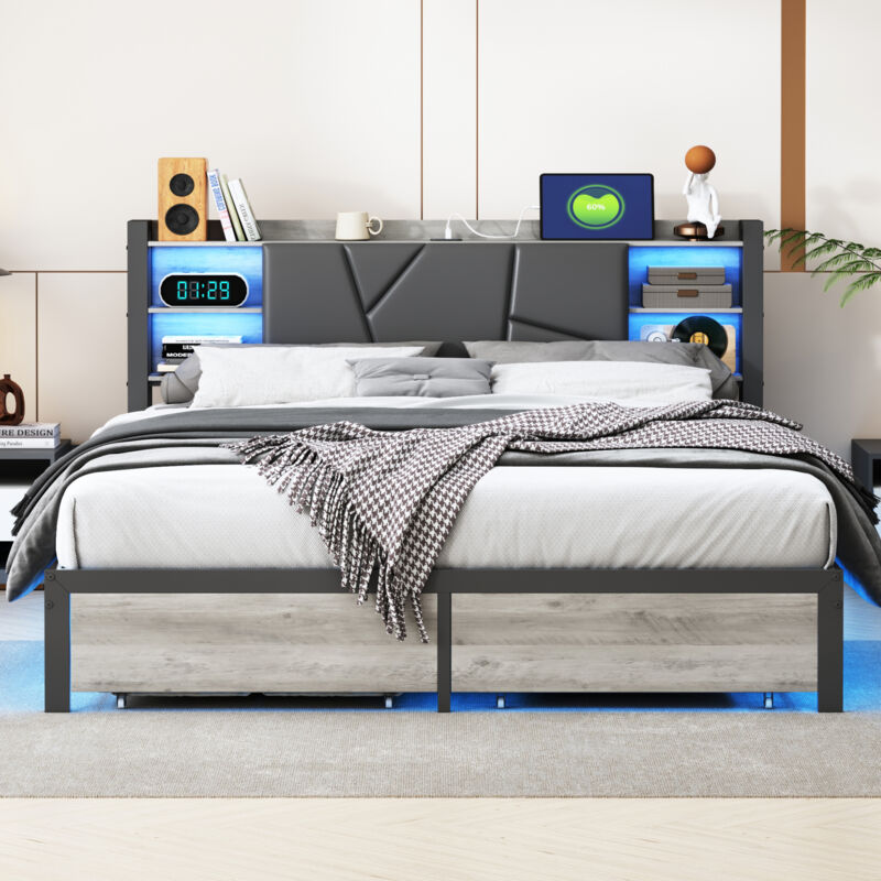 Lit Adulte 160x200, Lit 160x200 avec Prise USB, Lit Double LED, 2 Tiroirs, Lit Capitonné Tête de Lit avec Rangement, Cadre de Lit Sommier à Lattes,