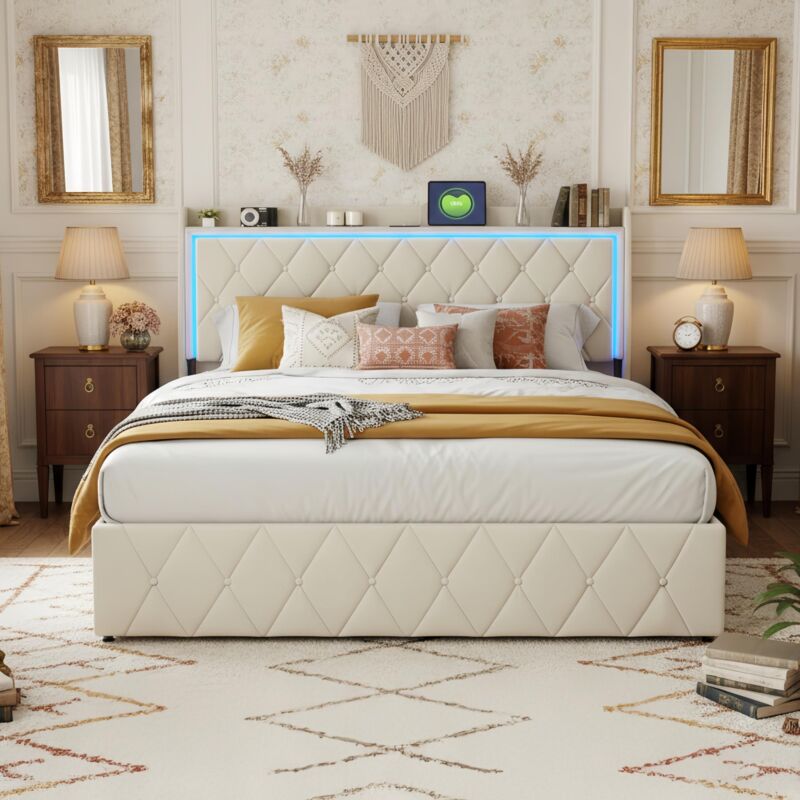 Lit adulte 160x200, Lit coffre en velours - Sommier à Lattes, Lit LED et Ports USB, Rangement Intégré - Design, Beige