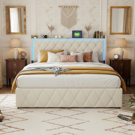 Lit adulte 160x200, Lit coffre en velours - Sommier à Lattes, Lit LED et Ports USB, Rangement Intégré - Design, Beige