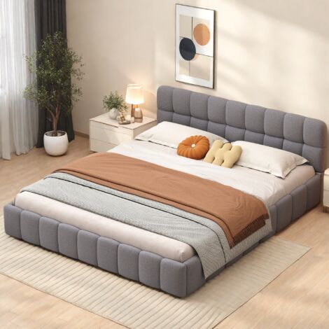 Lit adulte 160x200, Lit double, Lit capitonne avec dossier moelleux, lit plat avec bordure rembourrée, lit au sol, lit bas, sommier à lattes, tête de lit, sans matelas, Lin - Gris
