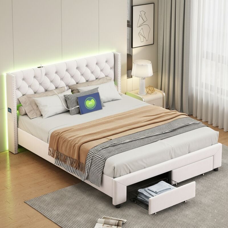 Lit adulte 160x200cm avec 2 tiroirs - lit double avec sommier à lattes et tête de lit led avec port charge et poches - velours beige