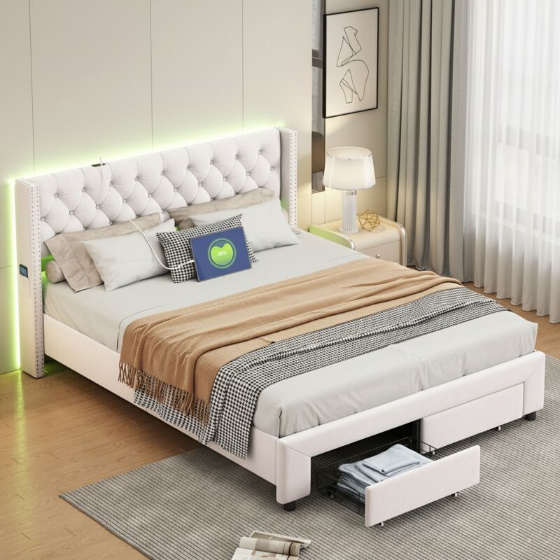 Lit adulte 180x200cm avec 2 tiroirs - lit double avec sommier à lattes et tête de lit led avec port charge et poches - velours beige