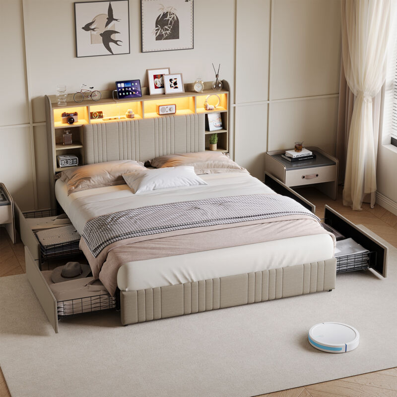 Lit adulte 160x200cm avec 4 tiroirs, lit double capitonné 160x200 avec éclairage LED réglable et ports USB, tête de lit avec rangement, lin, beige