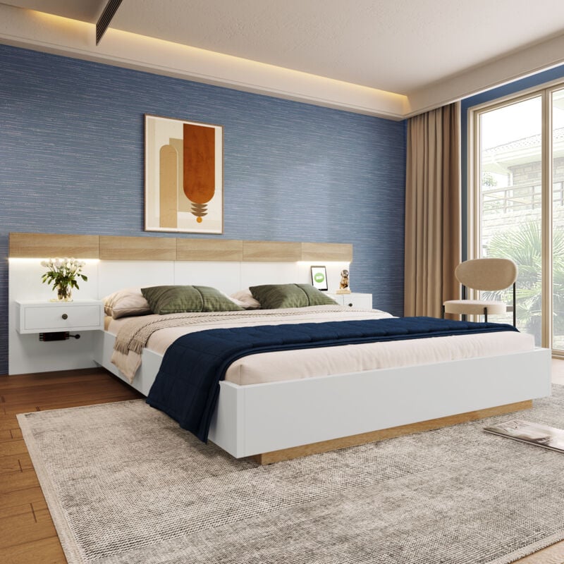 Modernluxe - Lit adulte 180x200cm avec chevets suspendus + led et ports usb + sommier à lattes - bois - blanc