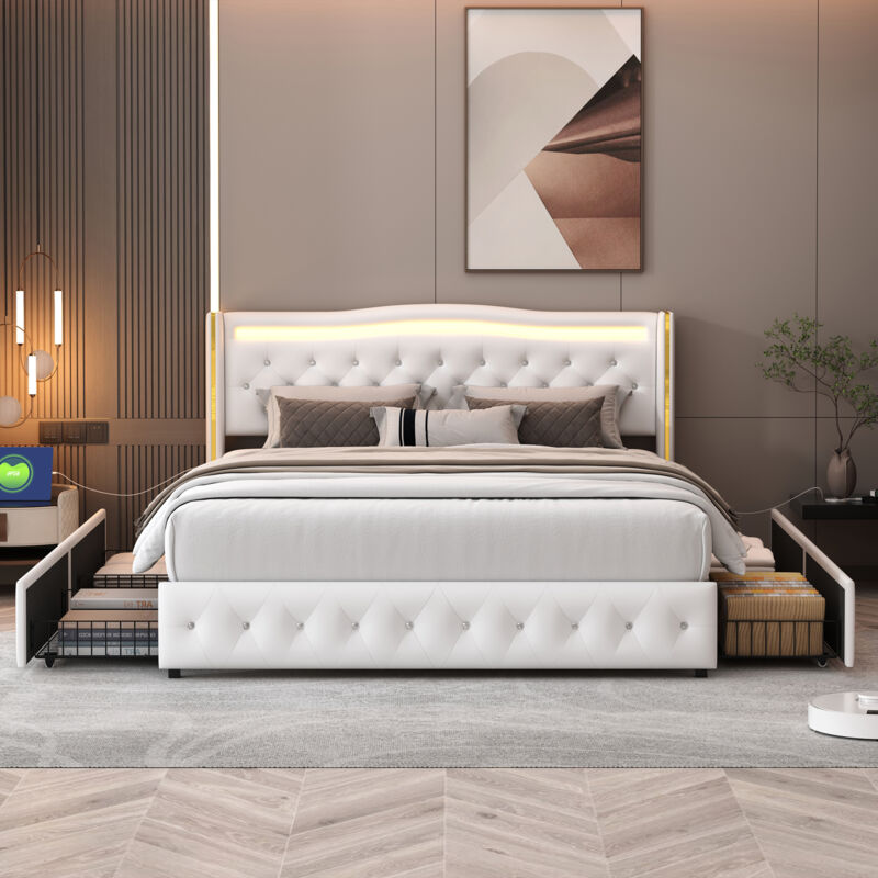 Sunfecili - Lit adulte 140x190,lit 140x190,lit double,lit capitonné,avec 4 tiroirs de rangement,bandeau lumineux LED,prise fonctionnelle,modèle