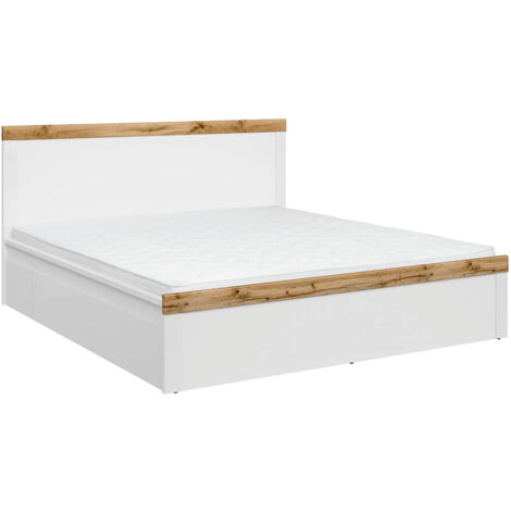 Lit adulte 180 x 200 lit 2 places avec 2 tiroirs sur roues, Blanc/Chêne wotan - Longueur 204,5 x Profondeur 189 x Hauteur 40,5-100,5 cm