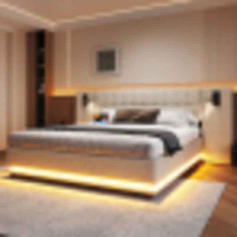 Lit adulte 180x200 cm avec éclairage LED, spot intégré, port USB, sans matelas, beige