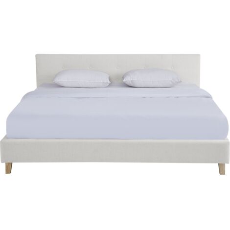 Lit adulte 180x200 cm avec tête de lit capitonnée en tissu beige - Milo