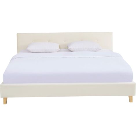 Lit adulte 180x200 cm avec tête de lit capitonnée en velours beige - Milo