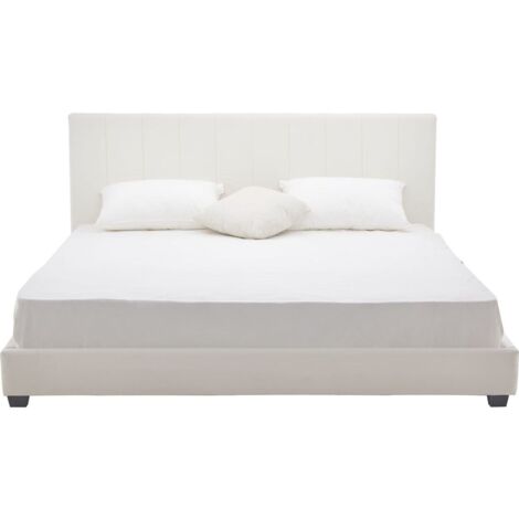 Lit adulte 180x200 cm avec tête de lit capitonnée en velours beige - William