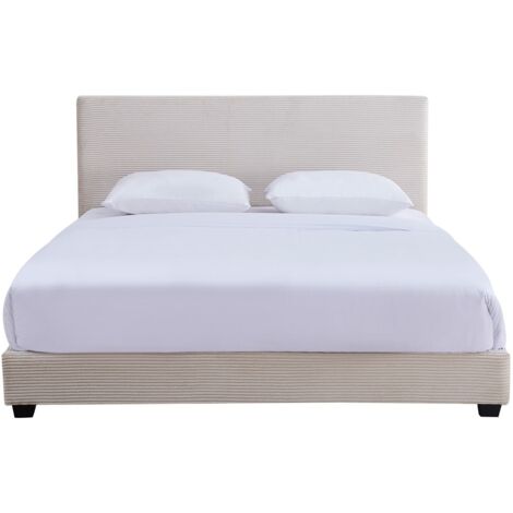 Lit adulte 180x200 cm avec tête de lit capitonnée en velours côtelé beige - William