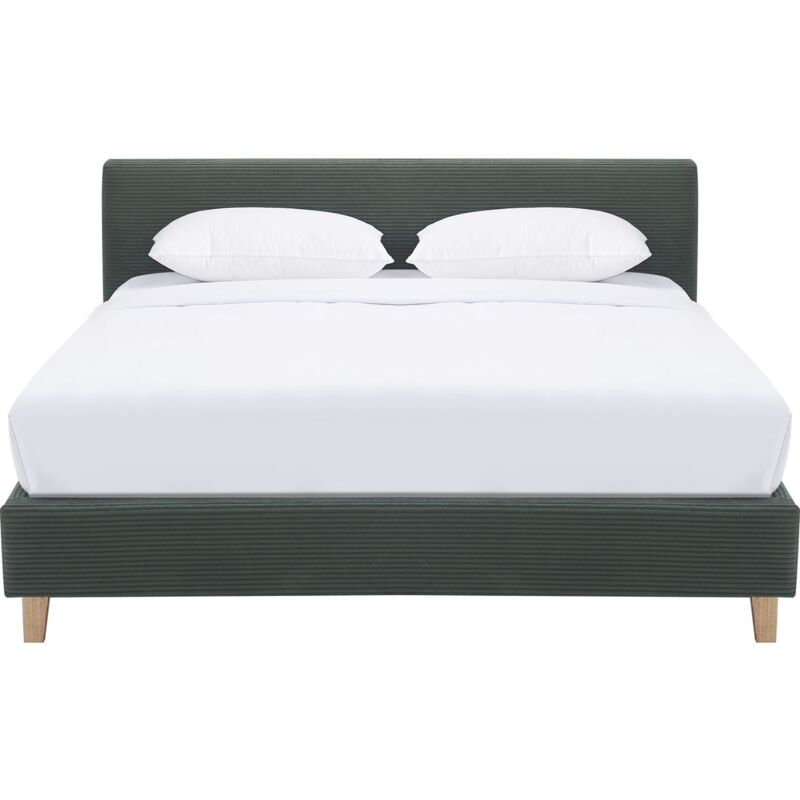 Lit adulte 160x200 cm avec tête de lit capitonnée en velours côtelé vert kaki - Milo