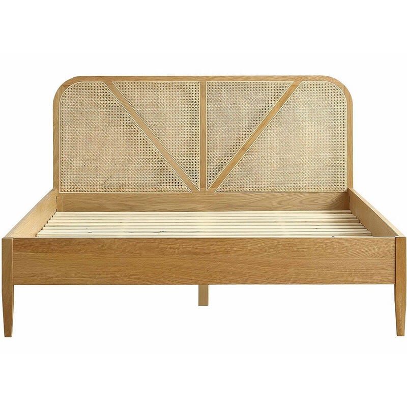 Homifab - Lit adulte 180x200 cm en placage chêne avec tête de lit en bois massif et cannage naturel - Leonie