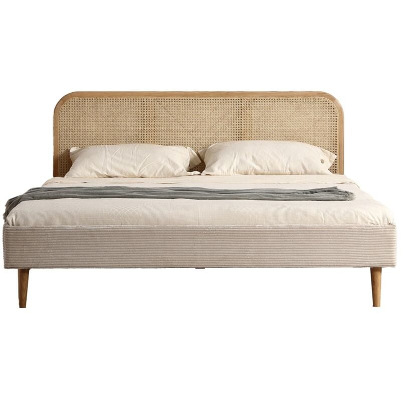 Homifab - Lit adulte 160x200 cm en velours côtelé beige avec tête de lit en cannage - Dalia