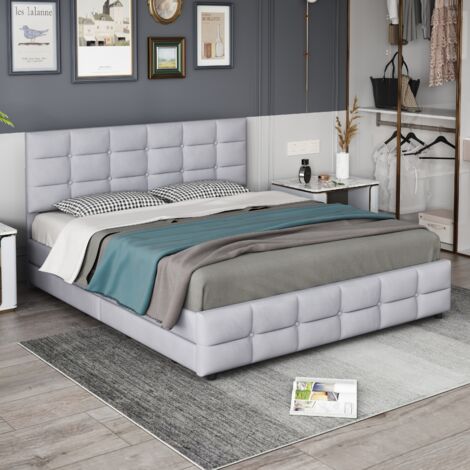 Lit adulte 180x200 cm, lit double avec 4 tiroirs à roulettes et structure en acier, tissu en velours gris, sans matelas