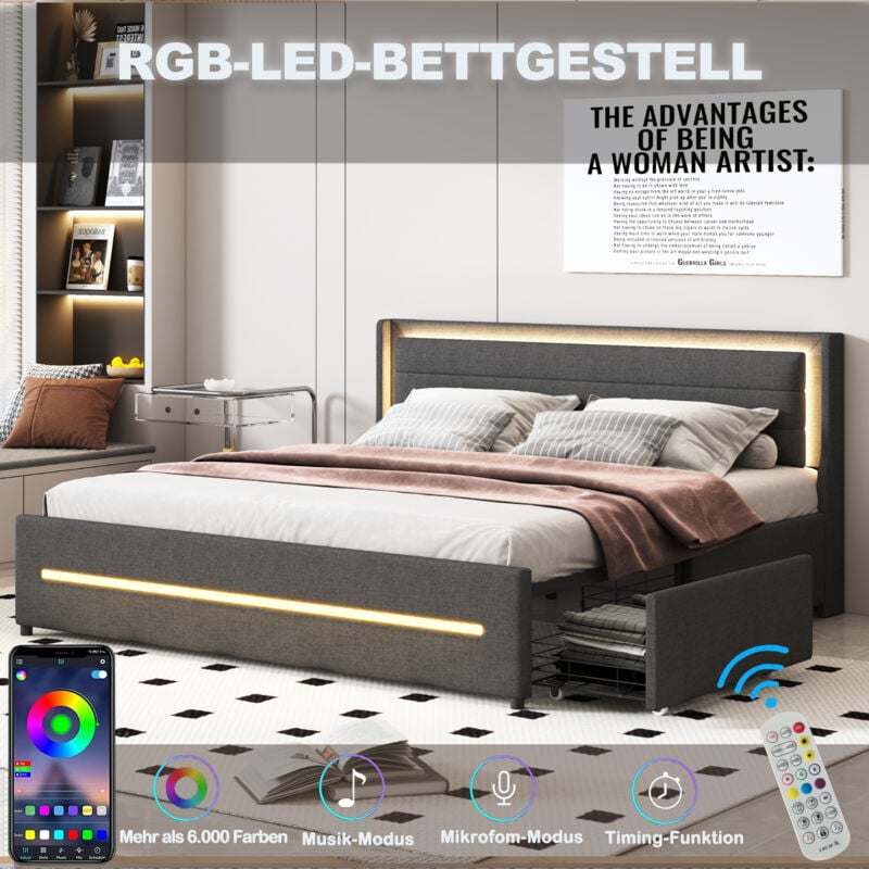 Lit adulte 180x200 cm, lit double rembourré, led, 4 tiroirs de rangement, lin, sans matelas, gris