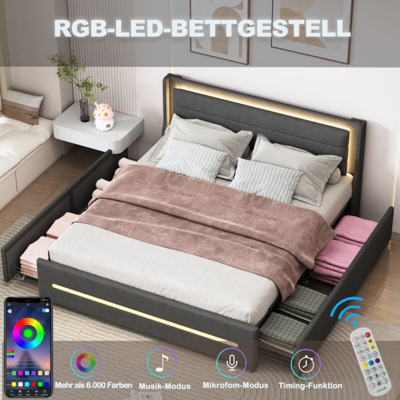 Lit adulte 160x200 cm, lit double rembourré, led, 4 tiroirs de rangement, lin, sans matelas, gris