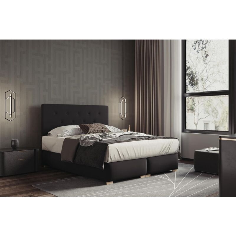 Lit adulte 180x200 cm LUPIN - avec matelas ressorts intégrés, rangement et surmatelas - tissu velours – noir
