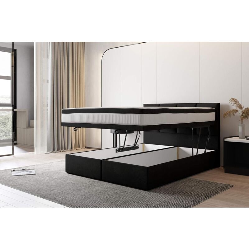 Trada - Lit adulte 180x200 cm tropea - avec rangement et matelas ressorts ensachés - tissu velours - noir