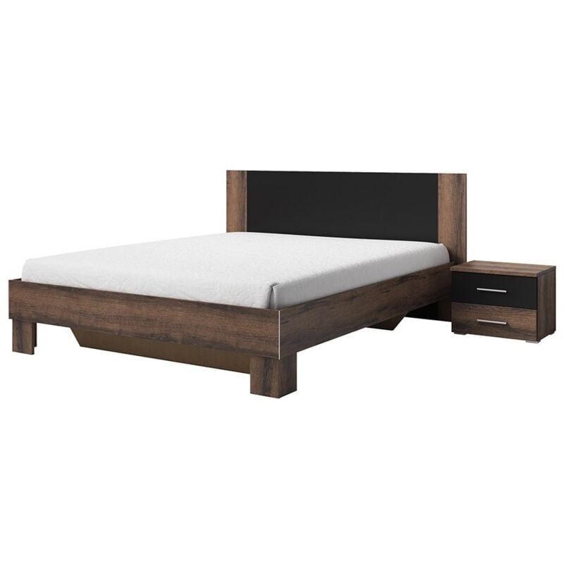 Meublorama - Lit adulte 180x200 collection irina. Chevets intégrés. Coloris chêne foncé et noir