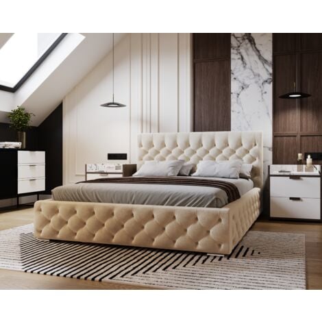 EMPORIUS 140x200 Elira - Lit Glamour, Lit Double avec Tissu Velours, Tiroir de Lit & Sommier à Latte - Beige foncé (Magic Velvet 2201)