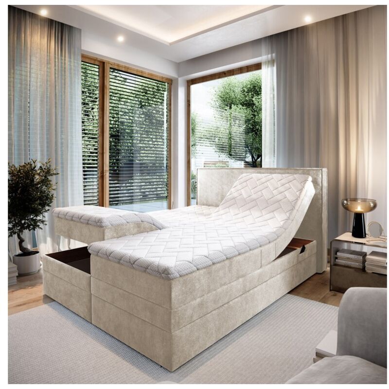 Lit adulte 180x200 POSITANO - ensemble relaxation électrique, matelas ressorts ensachés, rangement, surmatelas en tissu beige