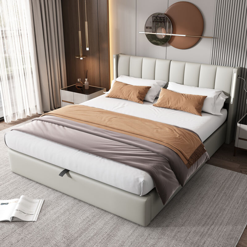 Lit adulte 2 pers 140x200cm LED-USB Lit double rembourré Lit coffre rangement Tête de lit Réglable Relevage Cuir pu Gris