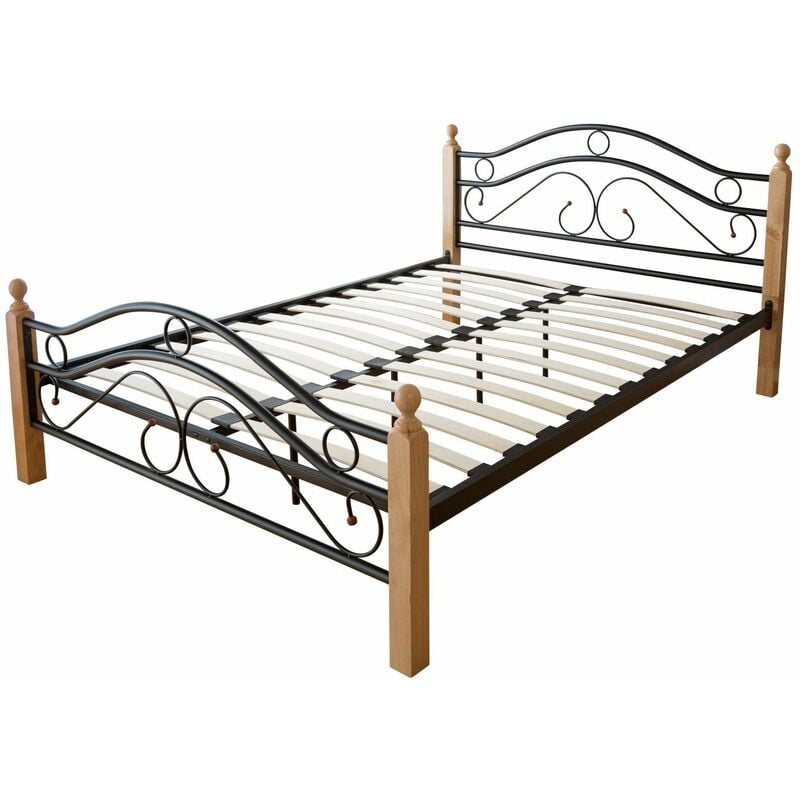 Décoshop26 - Lit adulte 2 personnes en métal et bois brun clair 160 x 200cm avec sommier à lattes