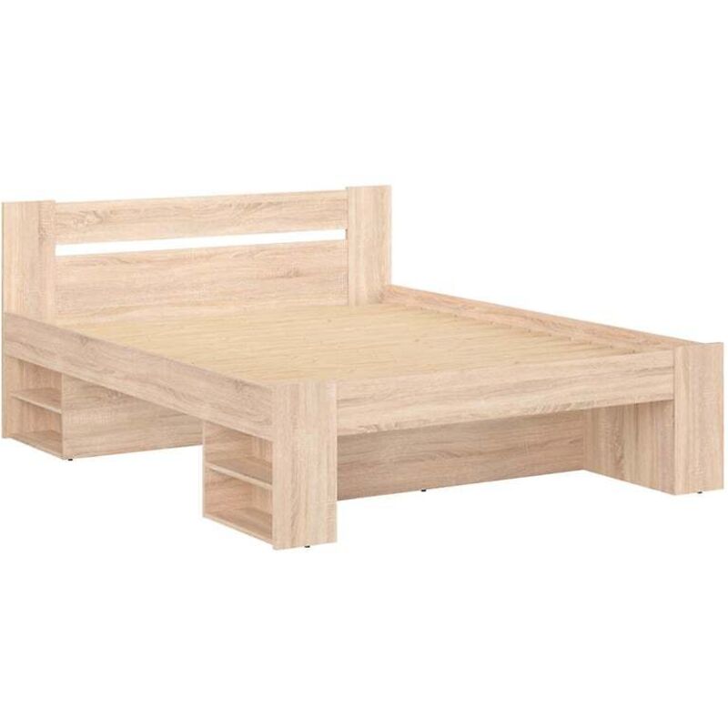 Lit adulte 2 places 160 x 200 cm avec des étagères de rangement coloris Chêne sonoma - Longueur 204,5 x Largeur 165 x Hauteur 47,5-85,5 cm Lit adulte 2 places 160 x 200 cm avec des étagères de rangement coloris Chêne sonoma - Longueur 204,5 x Largeur 165 x Hauteur 47,5-85,5 cm