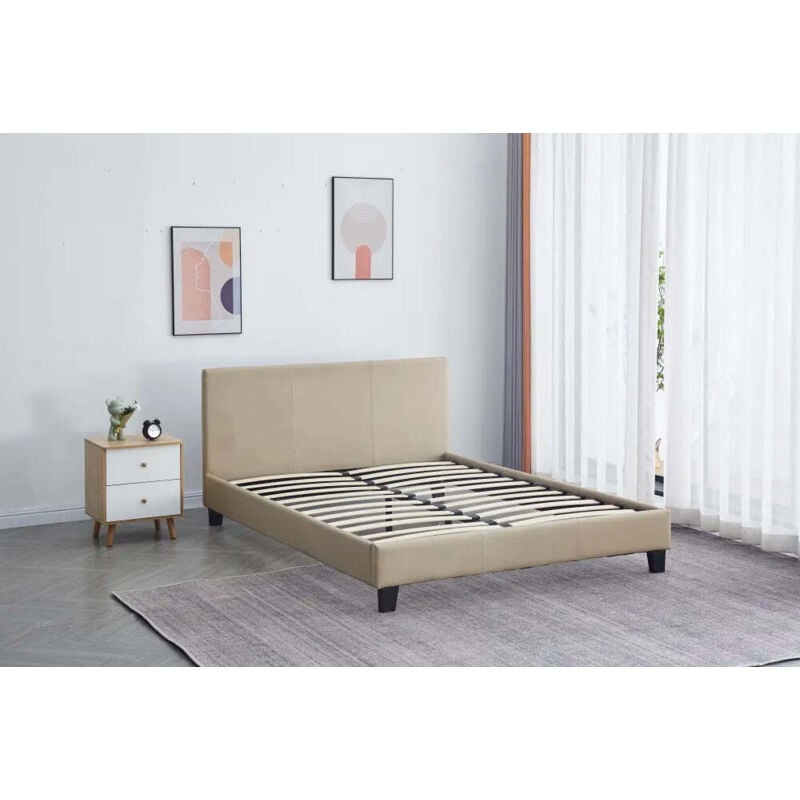 Homy France - Lit 2 places 140x190 cm melbourne Velours Beige avec sommier intégré