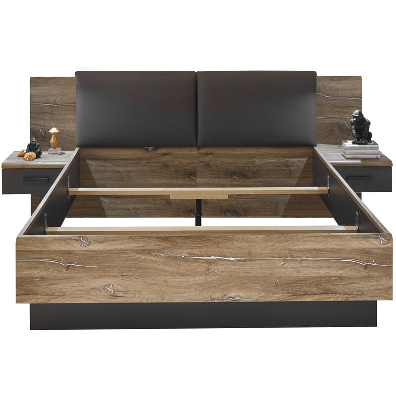 Pegane - Lit adulte + 2 tables de chevet coloris Chêne foncé, Graphite - Longueur 250 x Hauteur 100 x Profondeur 210 cm