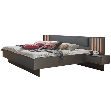 Lit adulte + 2 tables de chevets King size coloris graphite, imitation chêne Artisan - Longueur 301 x Hauteur 104 x Profondeur 210 cm -PEGANE-