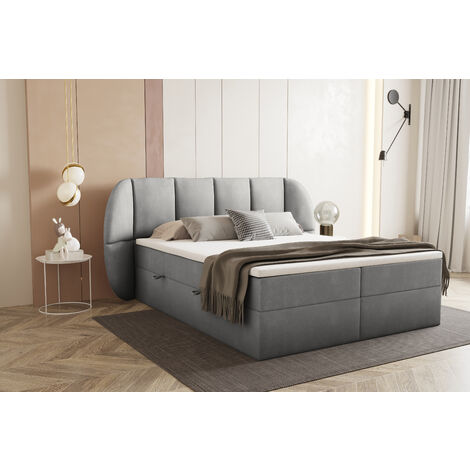 Lit adulte 200x200 cm BILBAO - rembourré avec rangement et matelas – tissu velours - gris