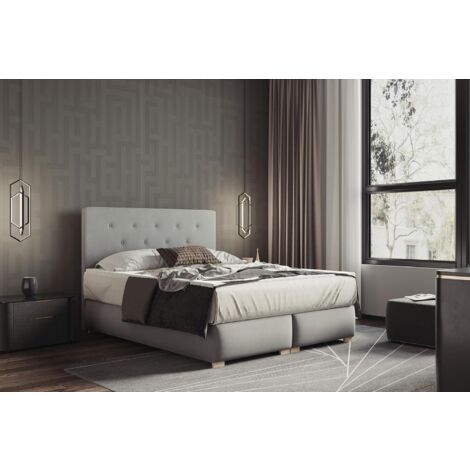 Lit adulte 200x200 cm LUPIN - avec matelas ressorts intégrés, rangement et surmatelas - tissu velours – gris
