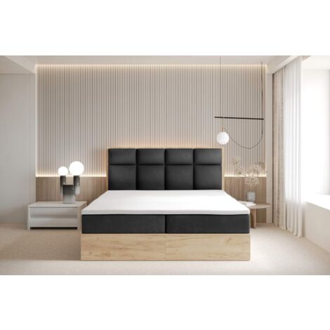 Lit adulte 200x200 cm SELVA avec rangement, matelas ressorts ensachés et surmatelas - tissu velours - noir