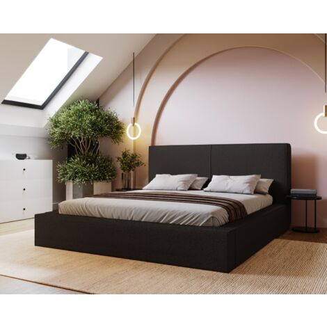 Lit adulte 200x200 Morin Boucle - Lit double avec rangement - sommier à lattes, Lit design, tissu bouclé Noir (Anthology 19)