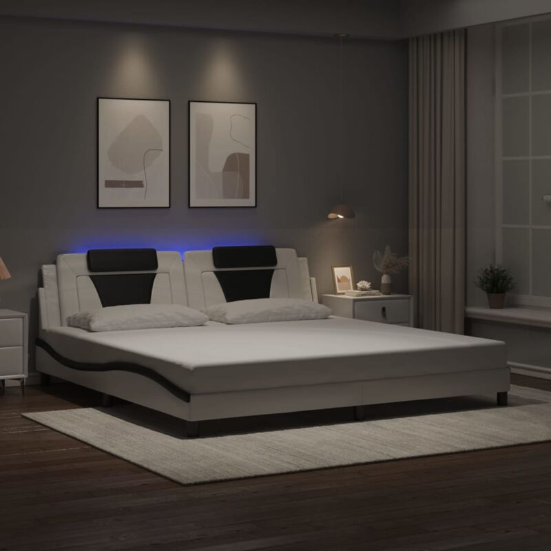 Maisonchic - Lit adulte- 200x200cm, Lit double avec lumières led blanc noir similicuir CON75316 design in