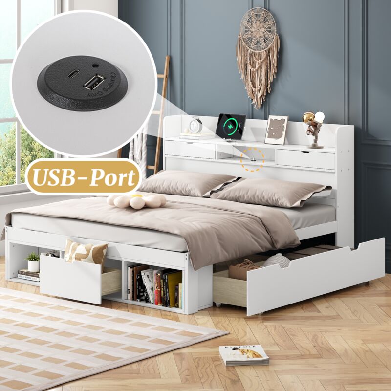 Lit adulte 3 tiroirs, pin, lit double avec rangement ouvert, usb, sans matelas, blanc, 160x200cm