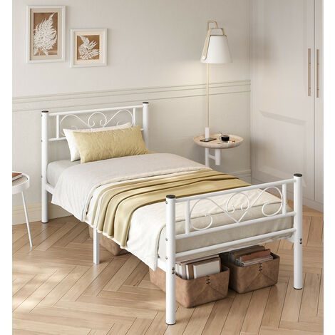 Lit adulte 90 x 190 cm, Cadre de lit en métal, Charge statique maximale : 150 kg, Blanc - Blanc