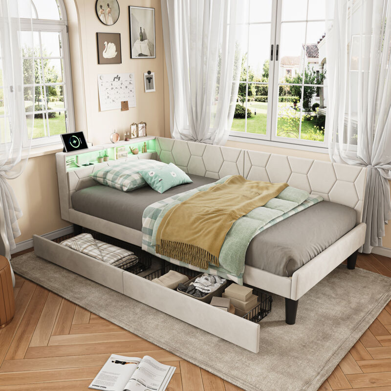 Lit adulte 90x200 avec tiroirs, lit capitonné - avec LED et USB, sommier à lattes - canapé-lit convertible - tissu velours, Beige