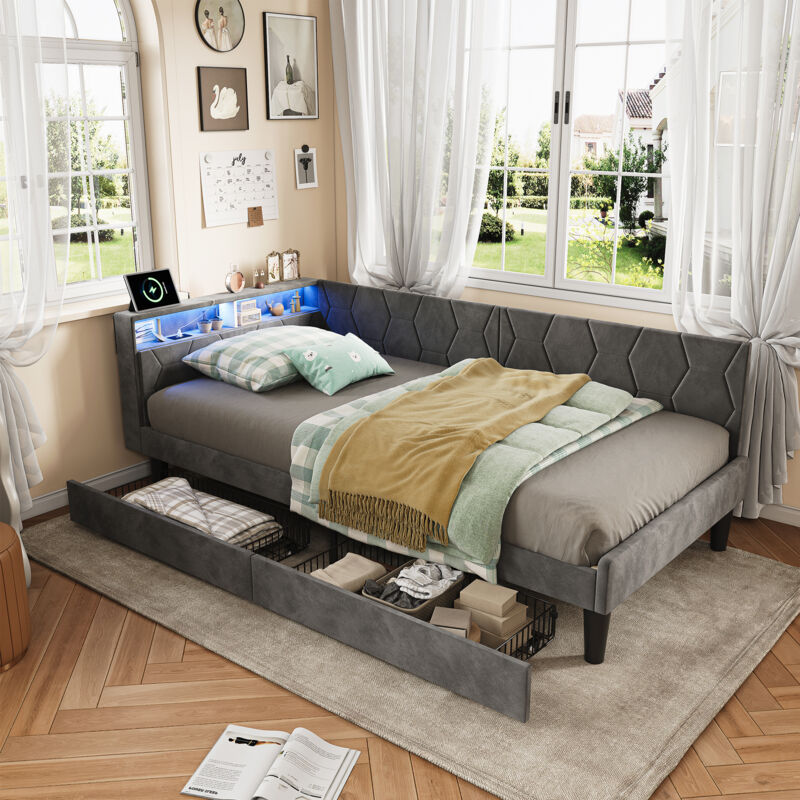 Lit adulte 90x200 avec tiroirs, lit capitonné - avec LED et USB, sommier à lattes - canapé-lit convertible - tissu velours, Gris