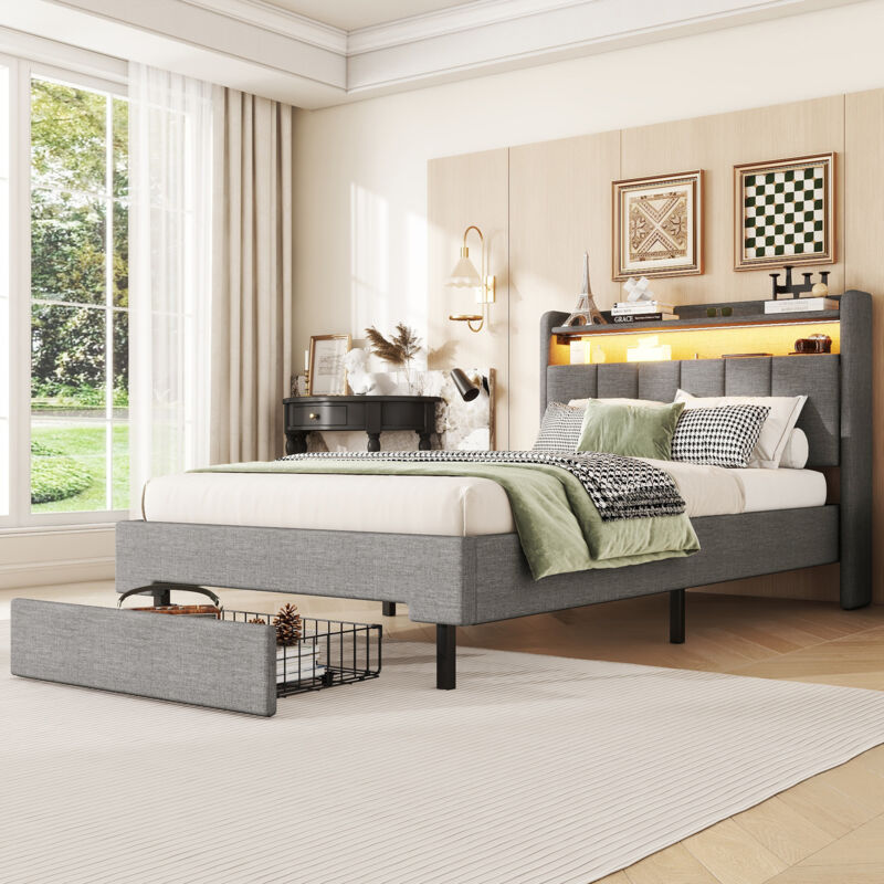 Modernluxe - Lit adulte 90x200 cm avec led et prise usb - tête de rangement rabattable - Gris