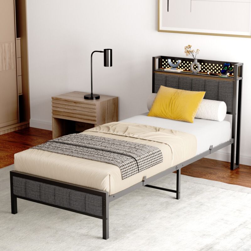 Lit adulte 90x200 cm, lit en fer, port usb, cadre en métal, sans matelas, noir