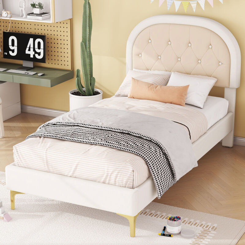 Lit adulte 90x200 cm, lit enfant/ado capitonné, sommier à lattes, sans matelas, pieds en métal, velours, beige