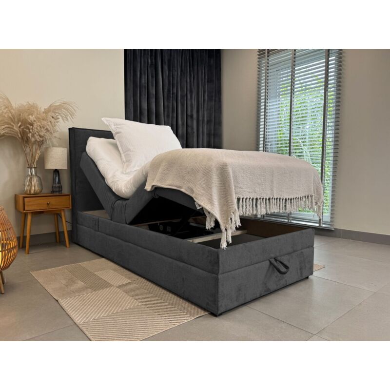 Lit adulte 90x200 SORRENTO - ensemble relaxation électrique, matelas ressorts ensachés, rangement, surmatelas en tissu gris foncé