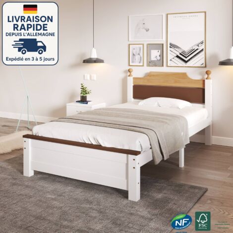 Lit adulte 90x200cm- Lit 90x200 -  sommier à lattes, tête de lit MDF, sans matelas, blanc, bois + MDF, lit simple 90x200cm