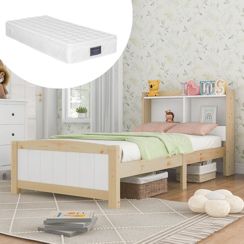 Wishdor - Lit adulte Lit simple enfant 90 x 200 cm en bois avec sommier à lattes et tête de lit rangement, naturel et blanc, matelas inclus