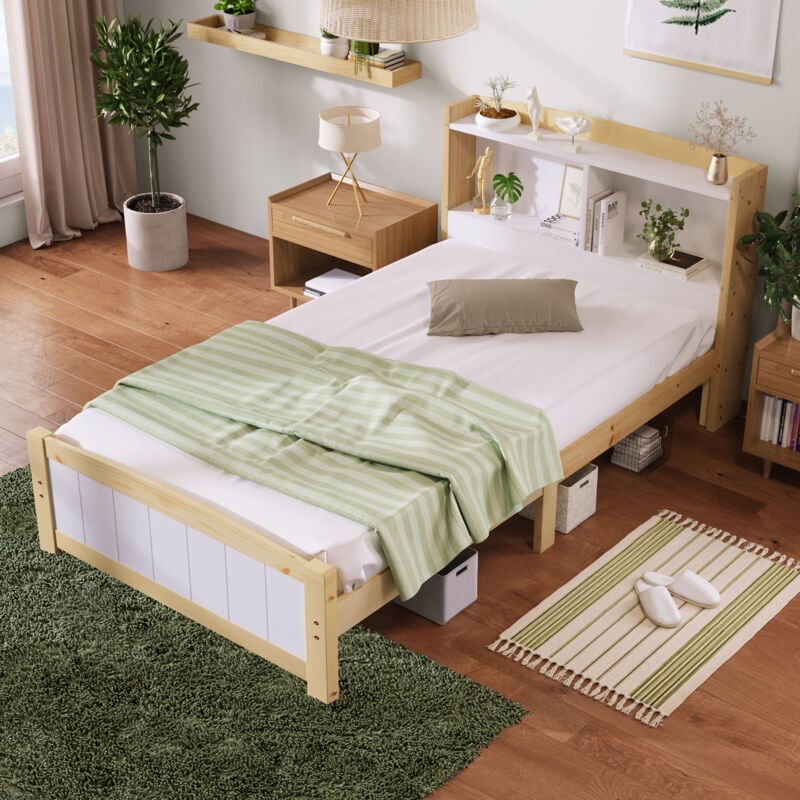 Wishdor - Lit adulte Lit simple enfant 90 x 200 cm en bois avec sommier à lattes et tête de lit rangement, naturel et blanc, sans matelas