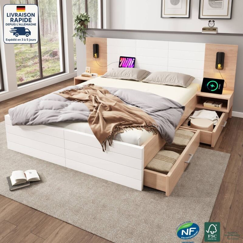 Lit adulte avec 2 tiroirs, en bois, tête de lit allongée, lit double avec tables de chevet, usb, sans matelas, blanc + naturel, 160x200 cm