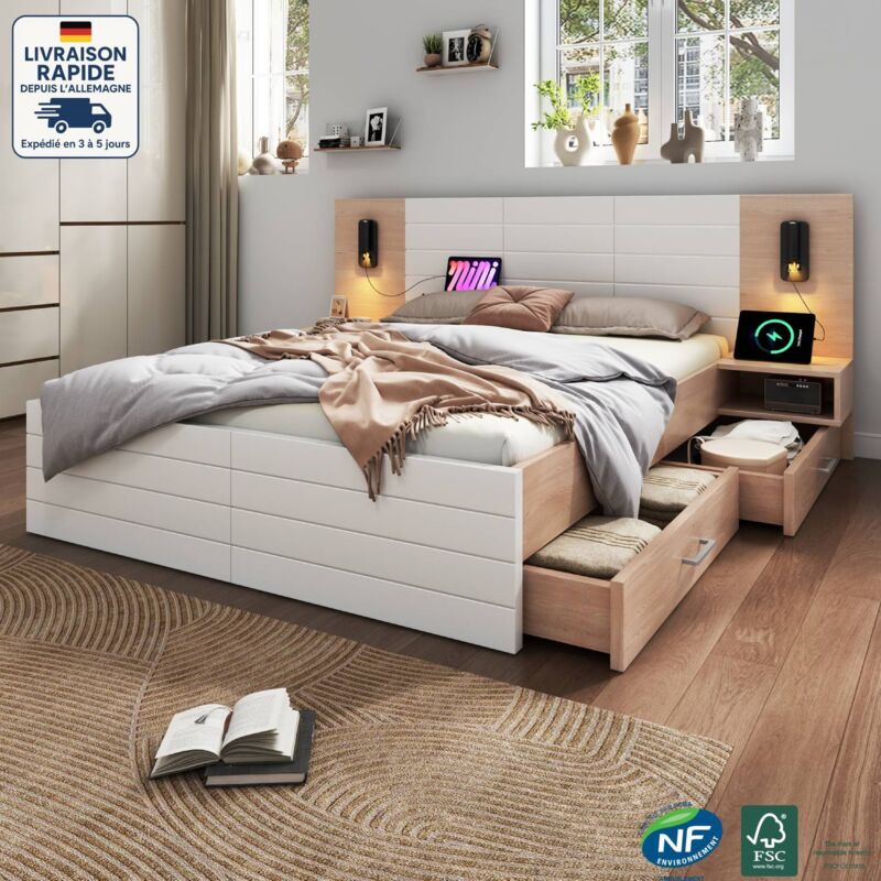 Lit avec tiroirs 140x200 cm, Bois Certifié pefc, tête de lit allongée, lit double avec tables de chevet, usb, sans matelas, blanc + naturel